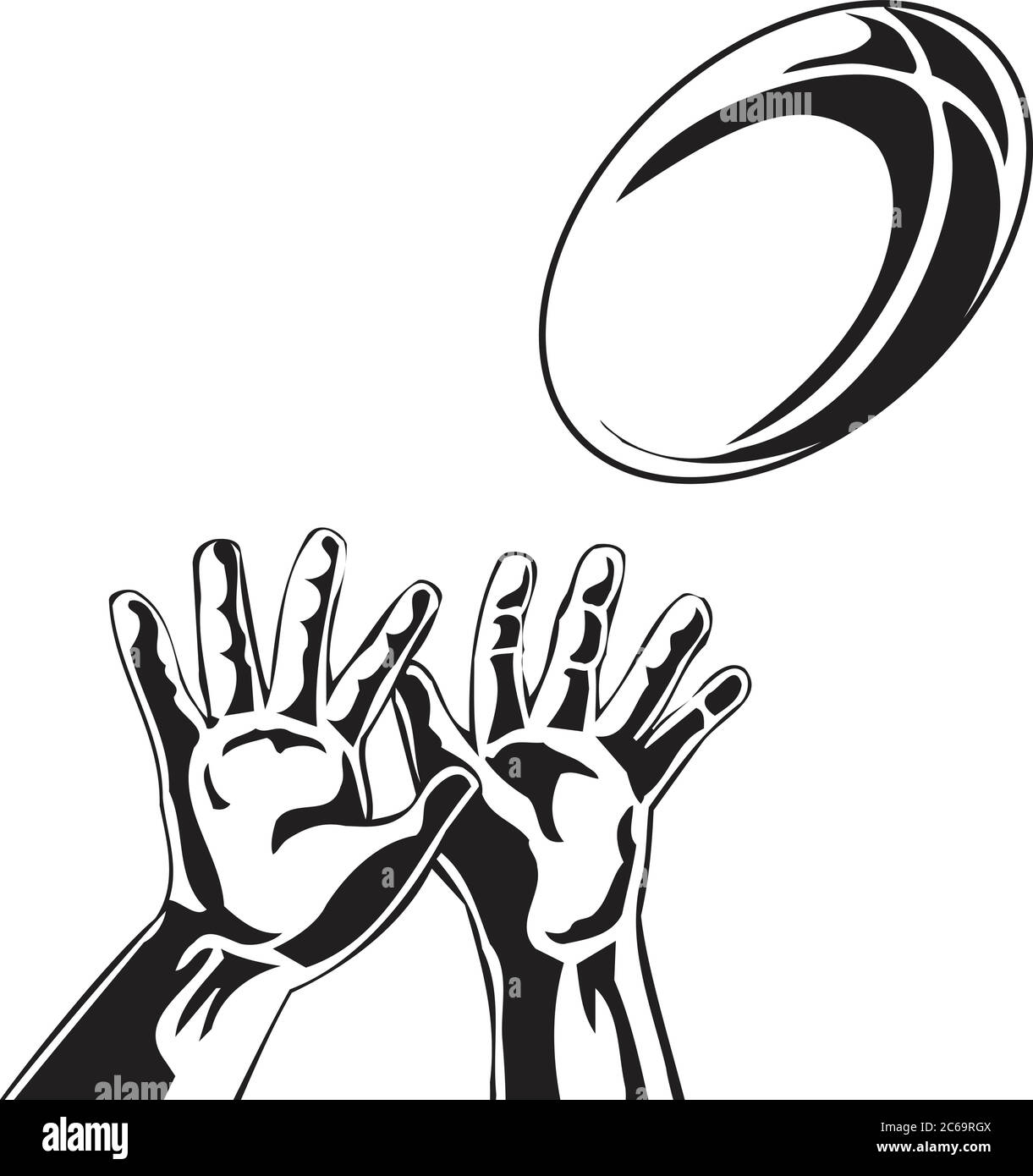 Black and white illustration of rugby union player hand catching