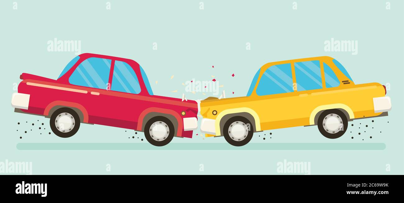 Car crash. Two cars hit head-on. Flat design. Stock Vector