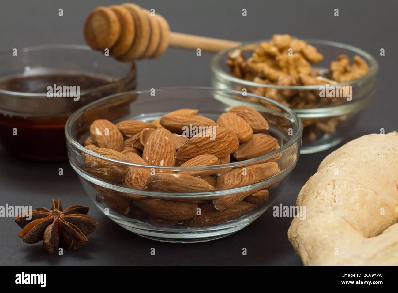 Health remedy foods for cold and flu relief with nuts, honey, ginger