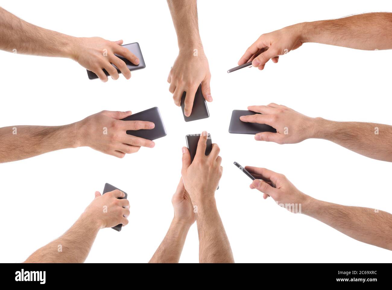 Set of Caucasian male hands with rear views of a gray mobile phone Stock Photo