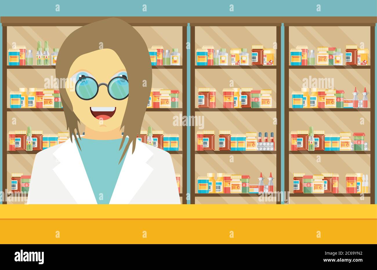 Modern flat vector illustration of a female pharmacist at the counter in a pharmacy opposite the shelves with medicines. Health care conceptual backgr Stock Vector