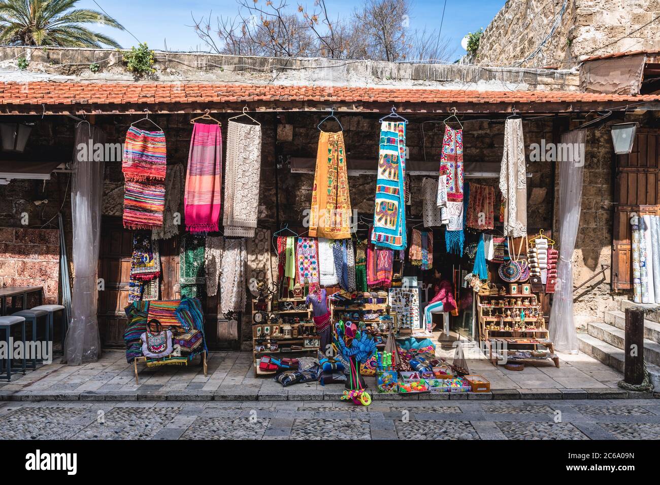 Gift shop in old souk in historic quarter of Byblos, largest city in