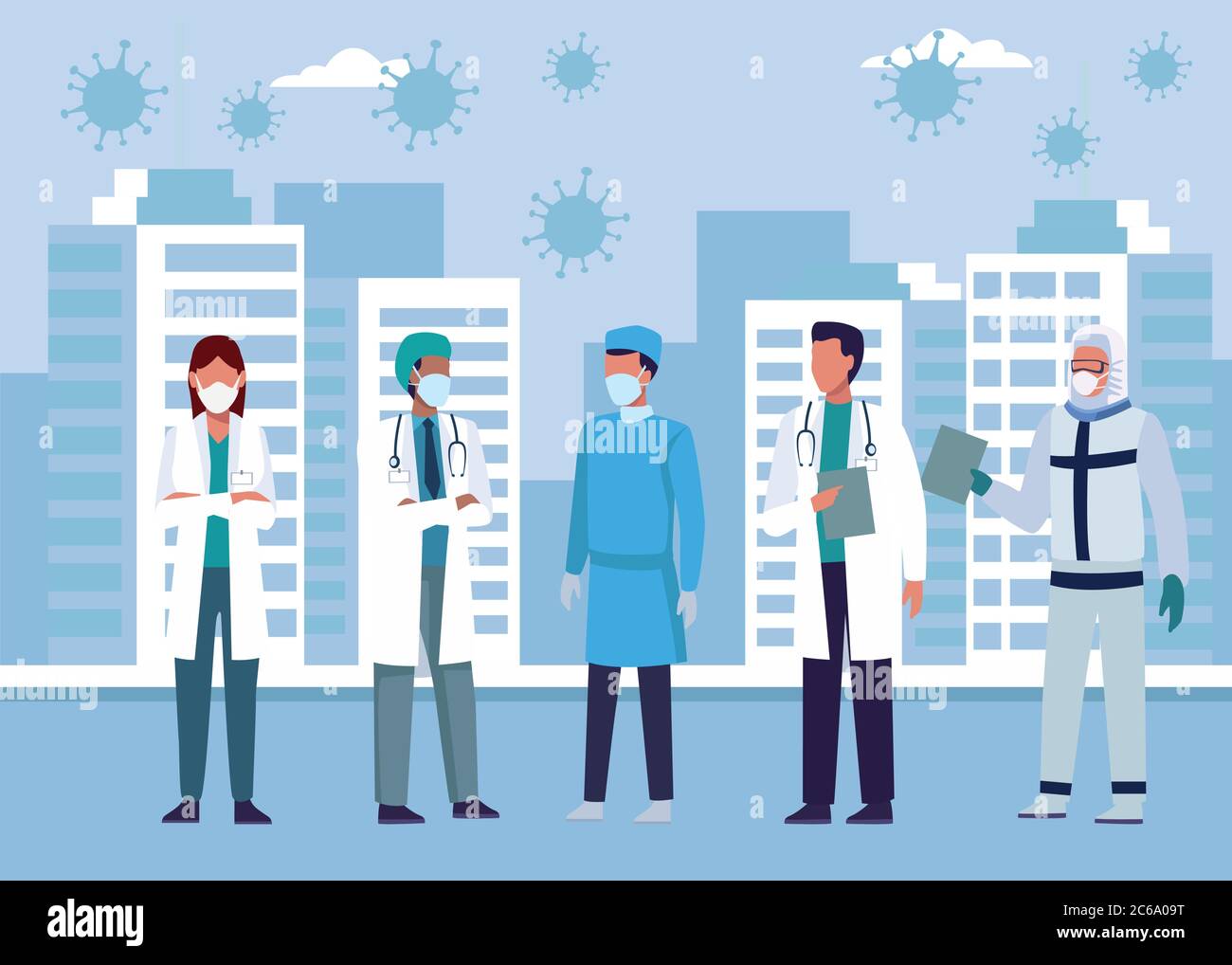 group of doctors wearing medical masks on the city vector illustration ...