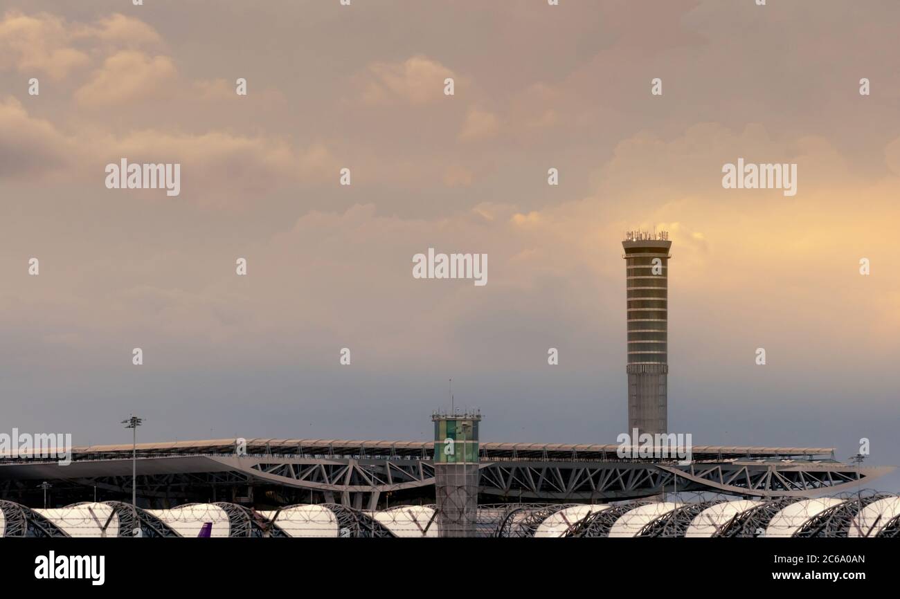 Airport roof and air traffic control tower in the airport. Airport traffic control tower for control airspace by radar. Aviation technology. Airport Stock Photo