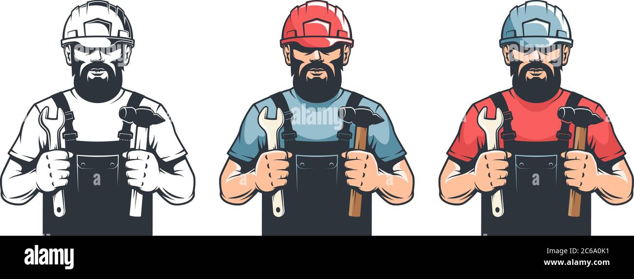 Worker in hard hat mechanic holds hammer and spanner - vintage ...