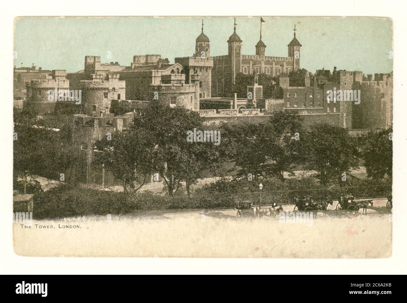 Edwardian scenic tinted photo postcard of Tower of London, with the White Tower prominent, posted  to Anvers, Belgium, British stamp,1902, London, U.K. Stock Photo
