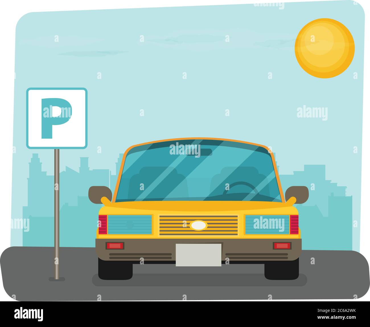 Parking lot vector illustration, flat parking lot sign near the car parked Stock Vector