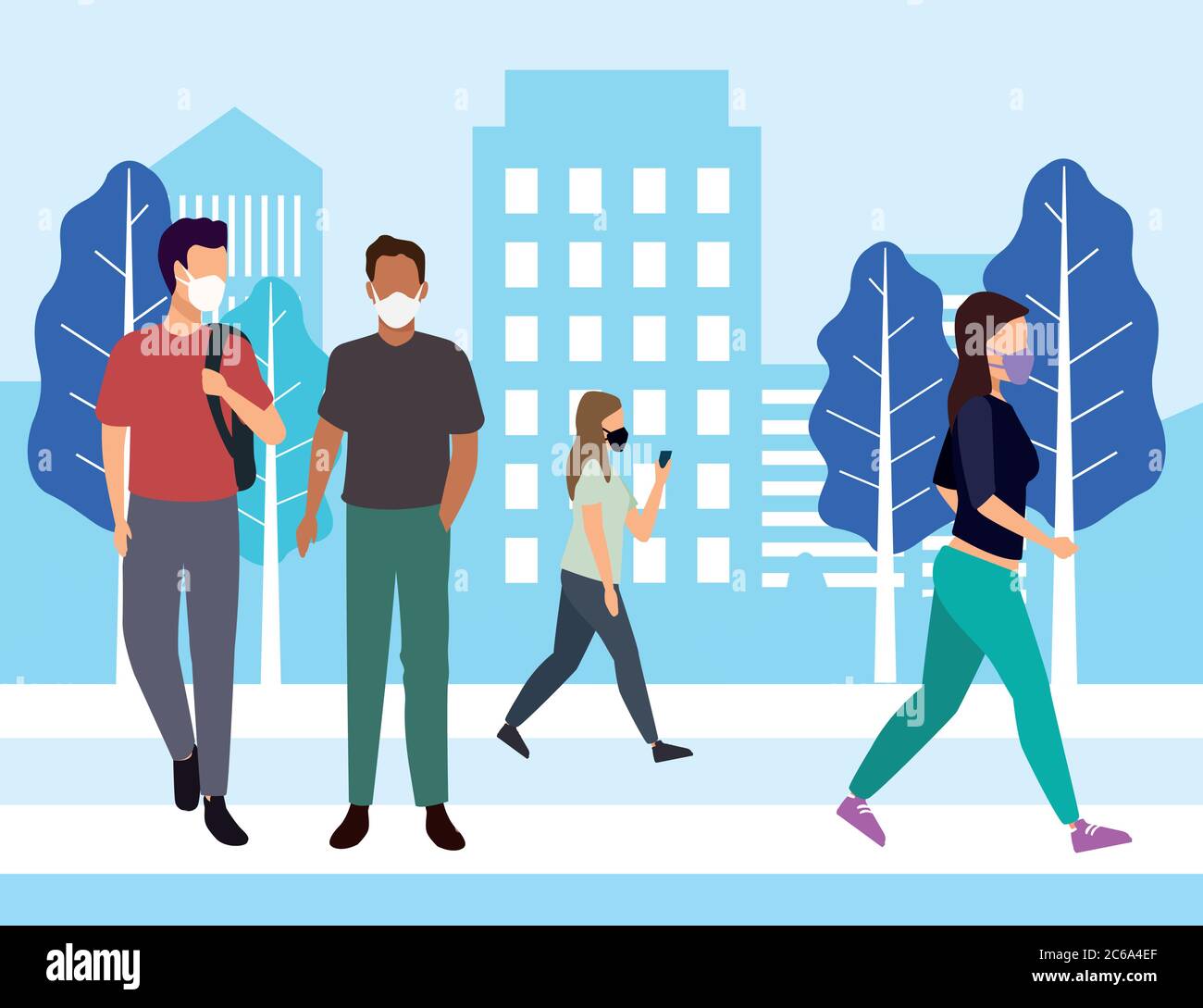 group of young people wearing medical masks on the city vector ...