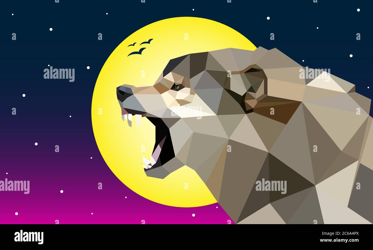 Low poly Wolf art, animal low poly illustration background with moon and night sky, template, vector Stock Vector