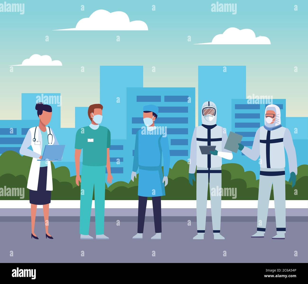 group of doctors wearing medical masks on the city vector illustration ...