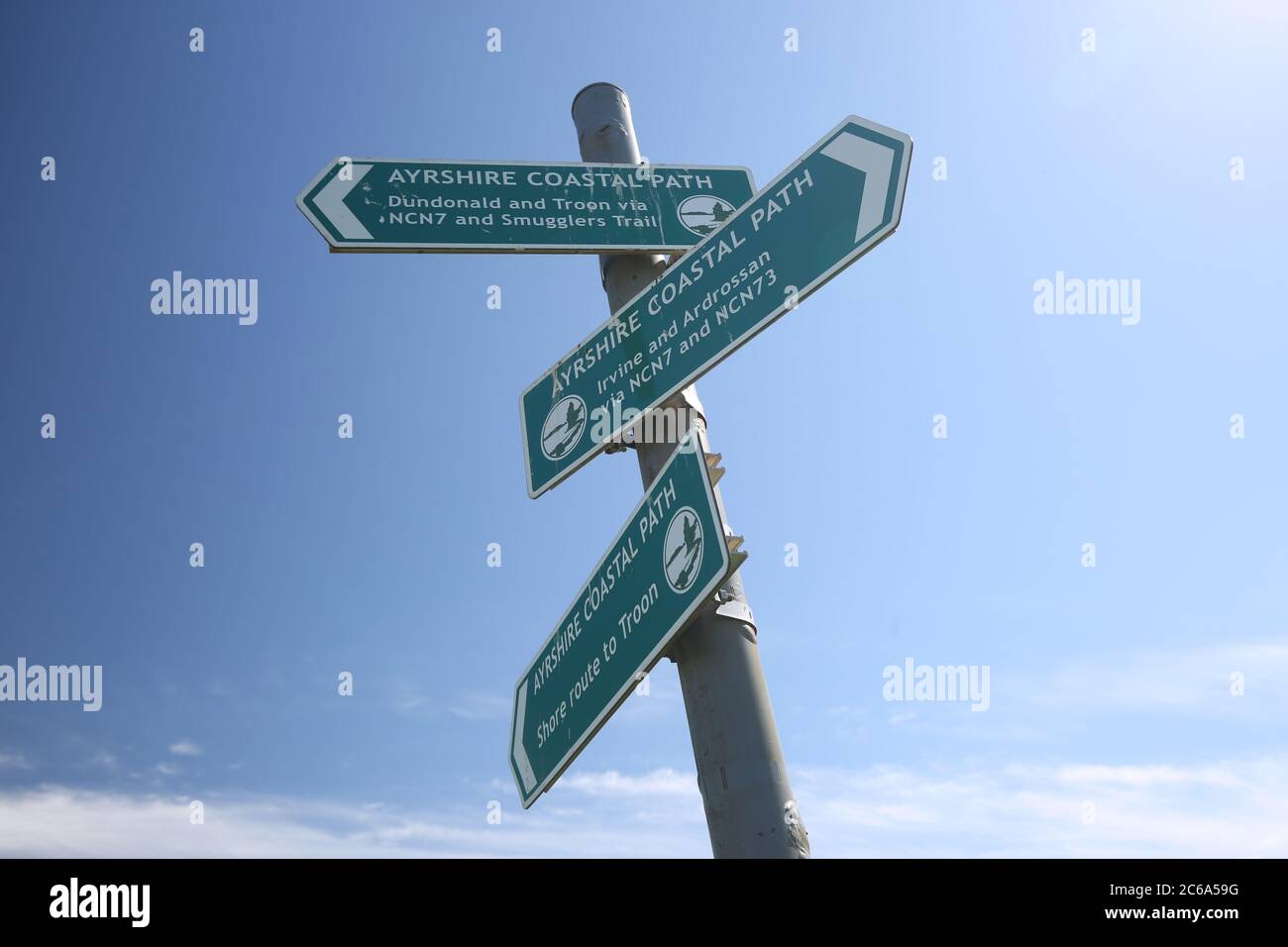 Scotland, Irvine, 07 July 2020 The Beach Park. Direction signs