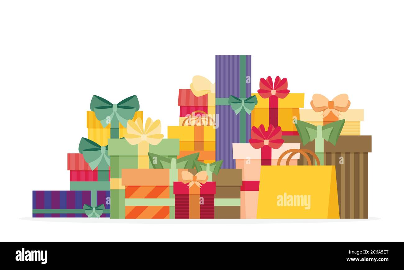 Pile colorful gift or present boxes with ribbon and bow vector set isolated on white background