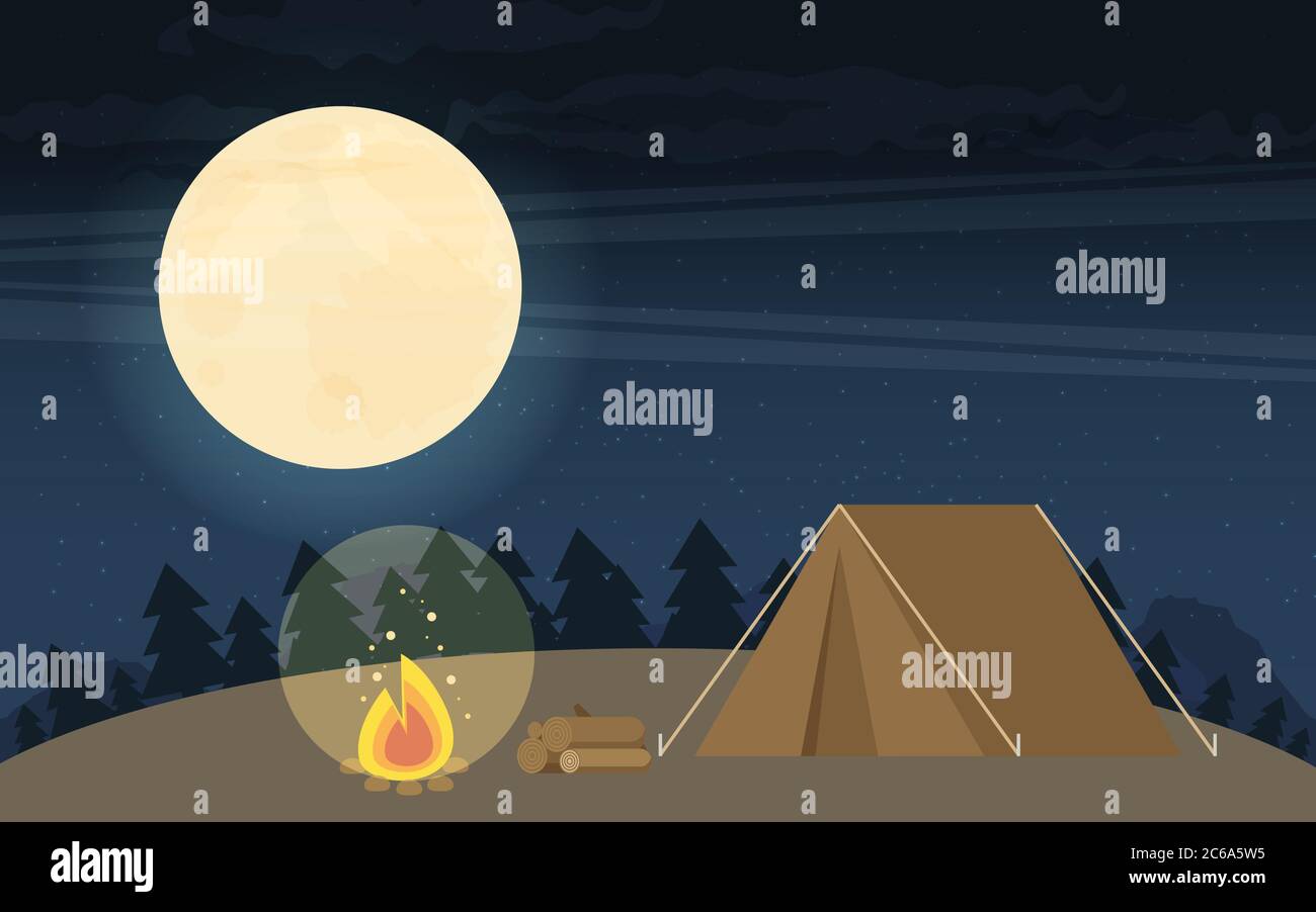 Camping in Forest at Night. Flat design Style. Stock Vector