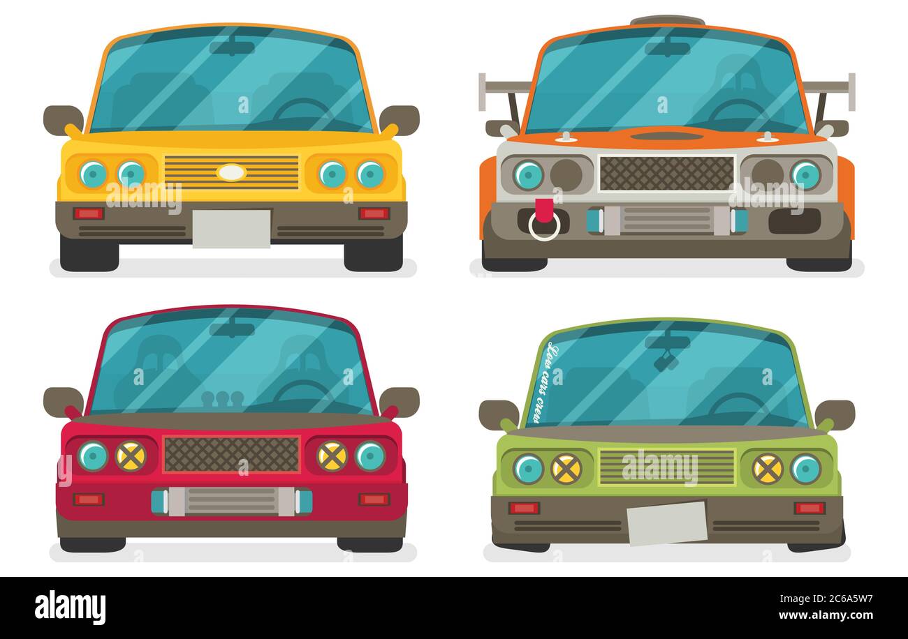 Car front view. Race car tuning set. Colorful vector illustration of