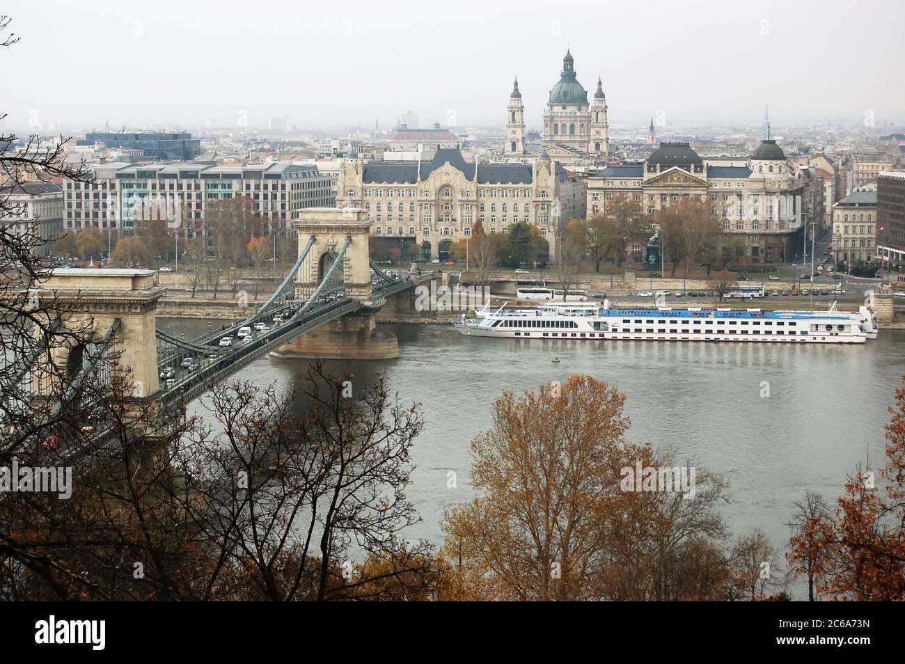 View of the Chain Bridge and Danube river in Budapest, Hungary. Stock Photo