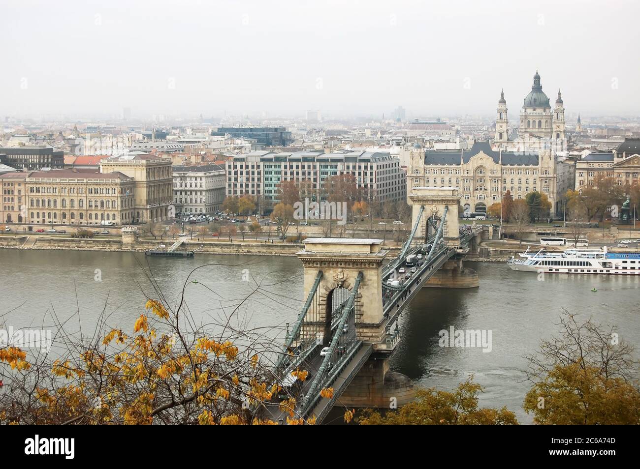 View of the Chain Bridge and Danube river in Budapest city, Hungary. Stock Photo