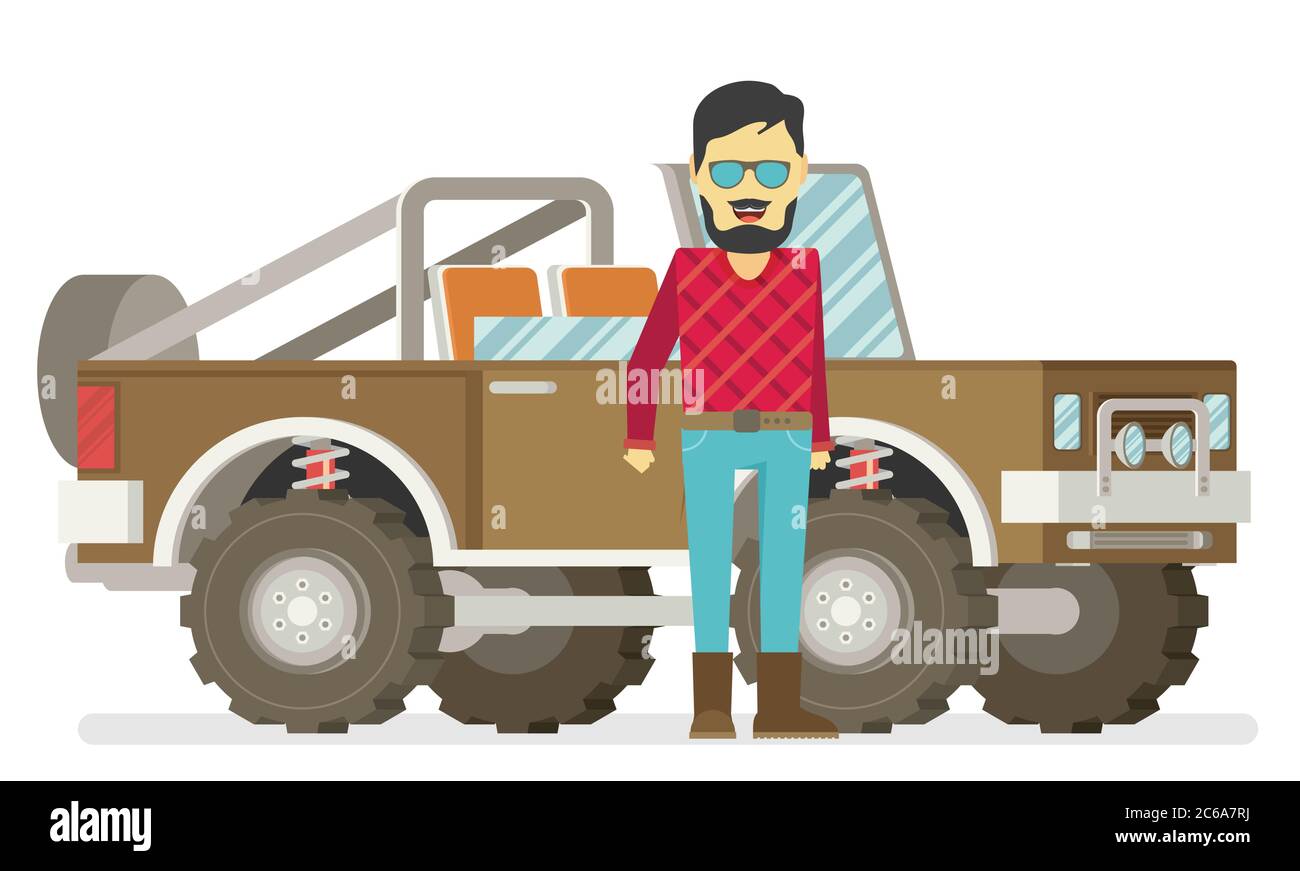 Off-road vehicle with driver isolated on white background. Stock Vector