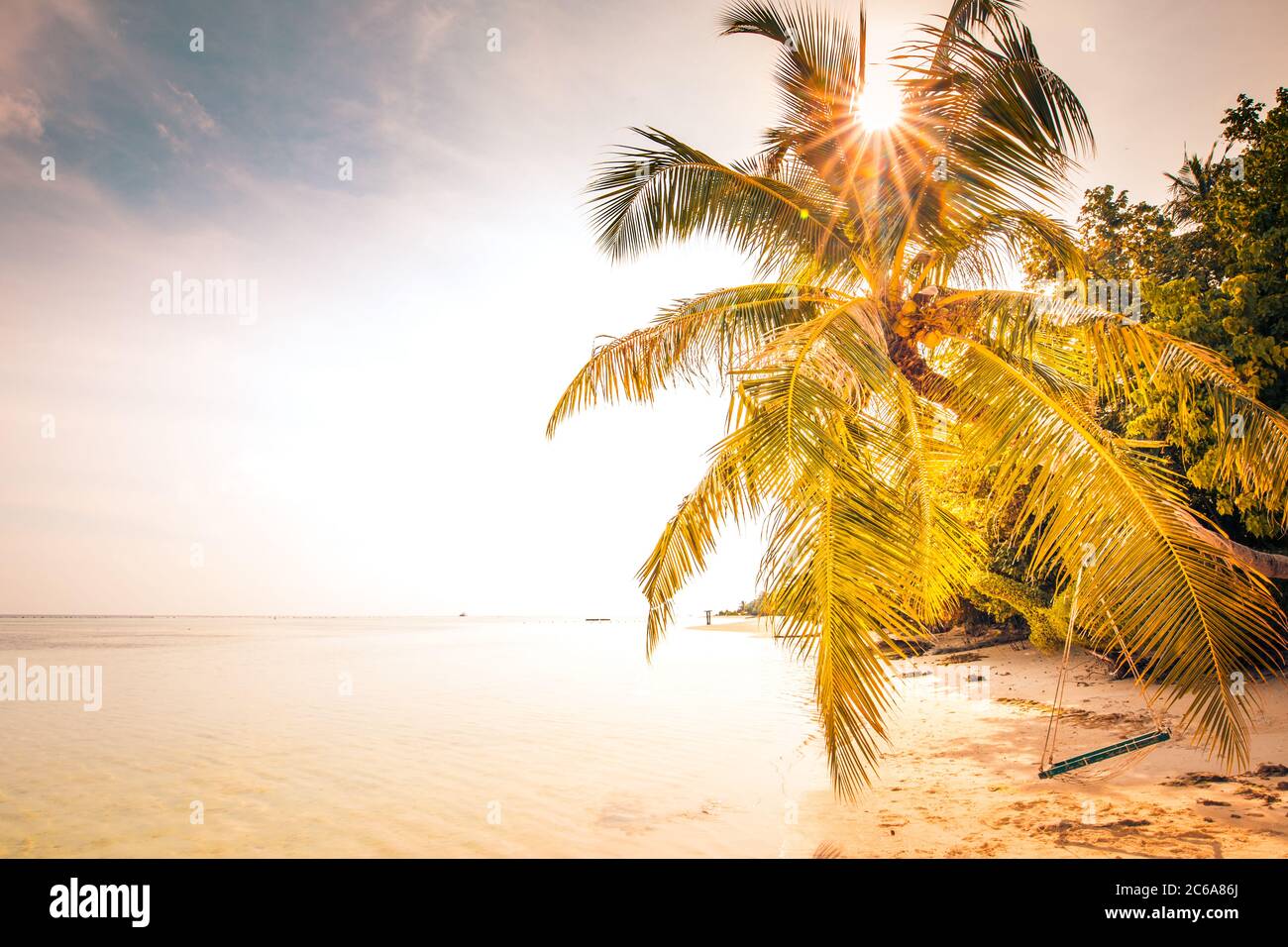 Tropical palm tree over sunset sky. Palms and beautiful sky background. Tourism, vacation concept backdrop vintage. Palms silhouettes over orange sun Stock Photo