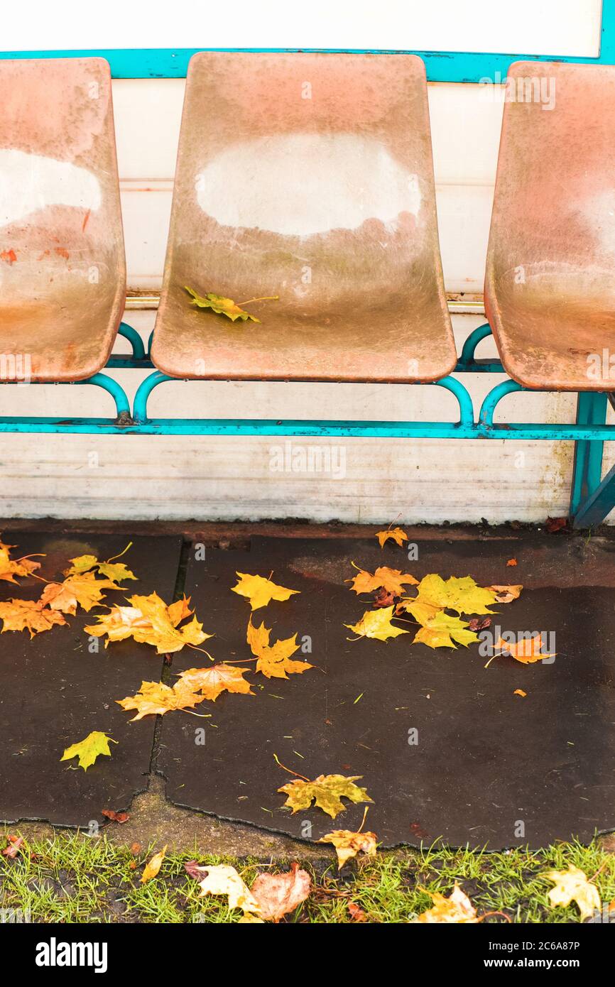 Empty orange grandstand players seats without seat label in old fashion sports arena without
