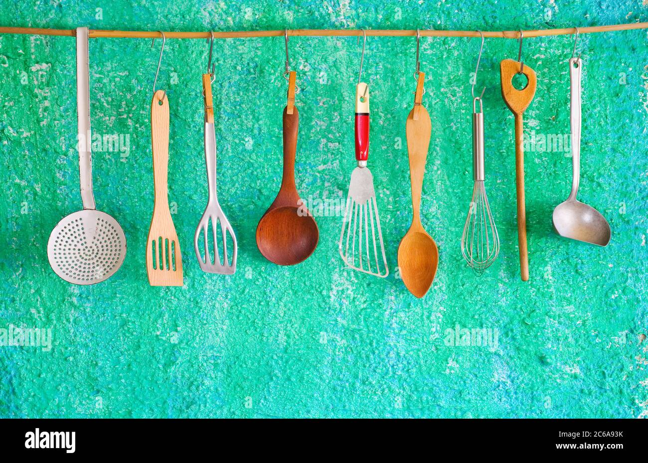 hanging vintage kitchen utensils, cooking concept,copy space Stock ...