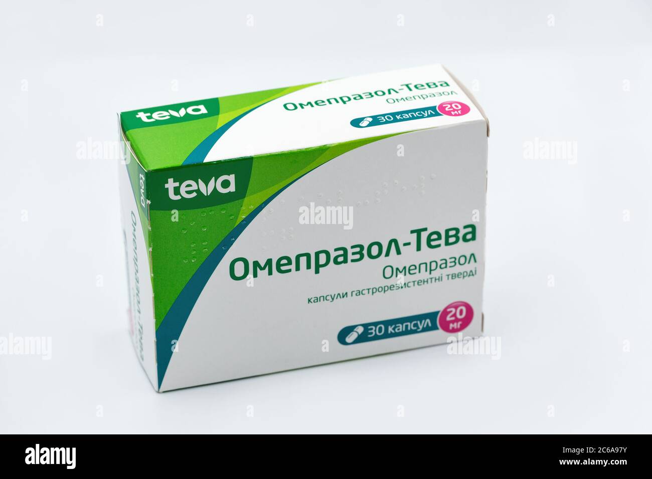 KYIV, UKRAINE - MAY 28, 2020: Gastroenterology generic drug by TEVA, box closeup on white. Teva Pharmaceuticals is an Israeli comp Stock Photo Alamy