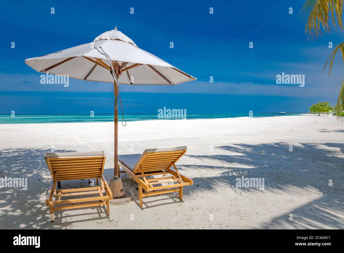 Beach Chairs With Umbrella Over White Sand And Sea View Tropical Travel Vacation Summer Holiday Exotic Nature Beach Landscape Stock Photo Alamy