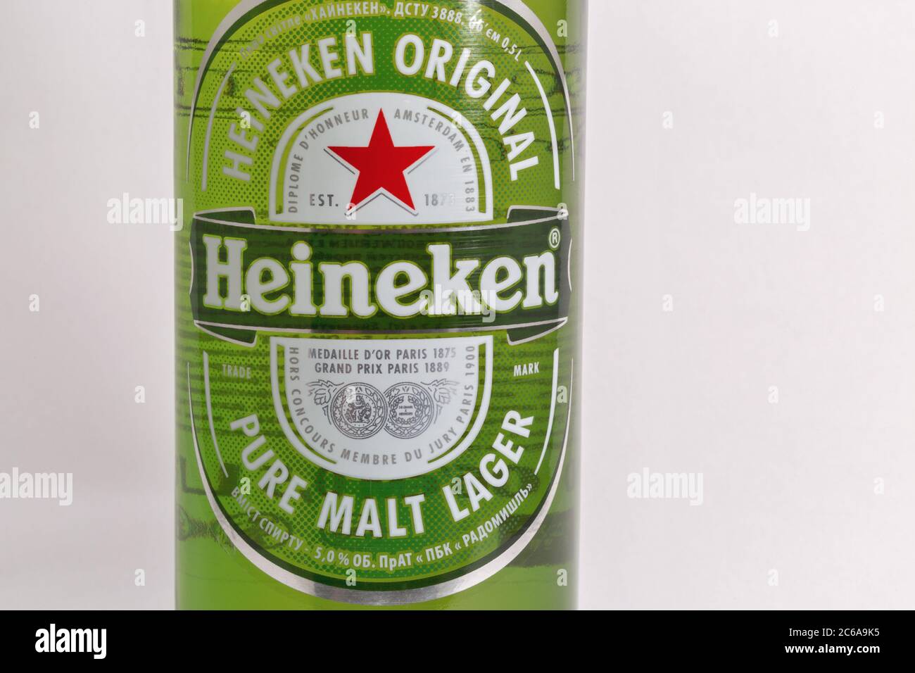 KYIV, UKRAINE - JUNE 17, 2020: Heineken lager beer bottle label closeup  against white background. Heineken N.V. is a Dutch brewing company, founded  in Stock Photo - Alamy