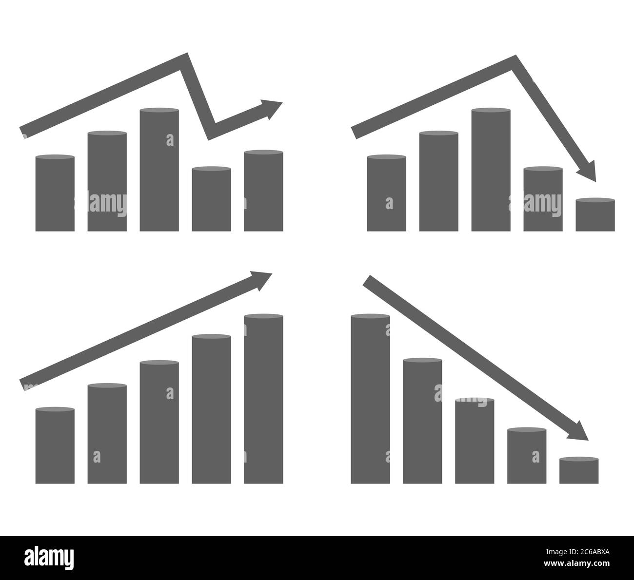Set of graphs of rising and falling prices.. Vector diagram with arrow and columns, flat illustration Stock Vector