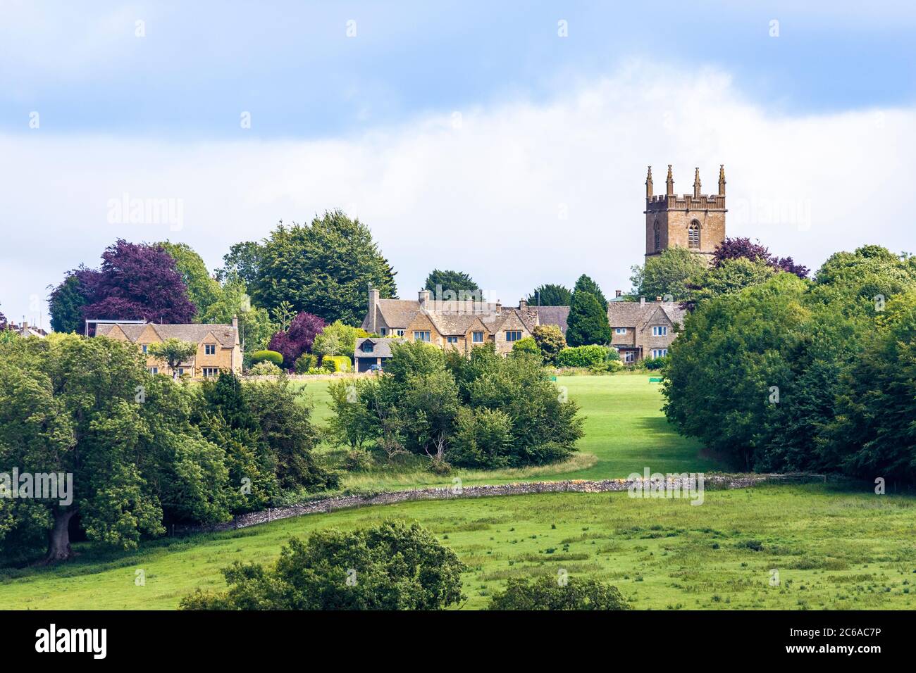 A long shot of the hilltop Cotswold town of Stow on the Wold, Gloucestershire UK Stock Photo