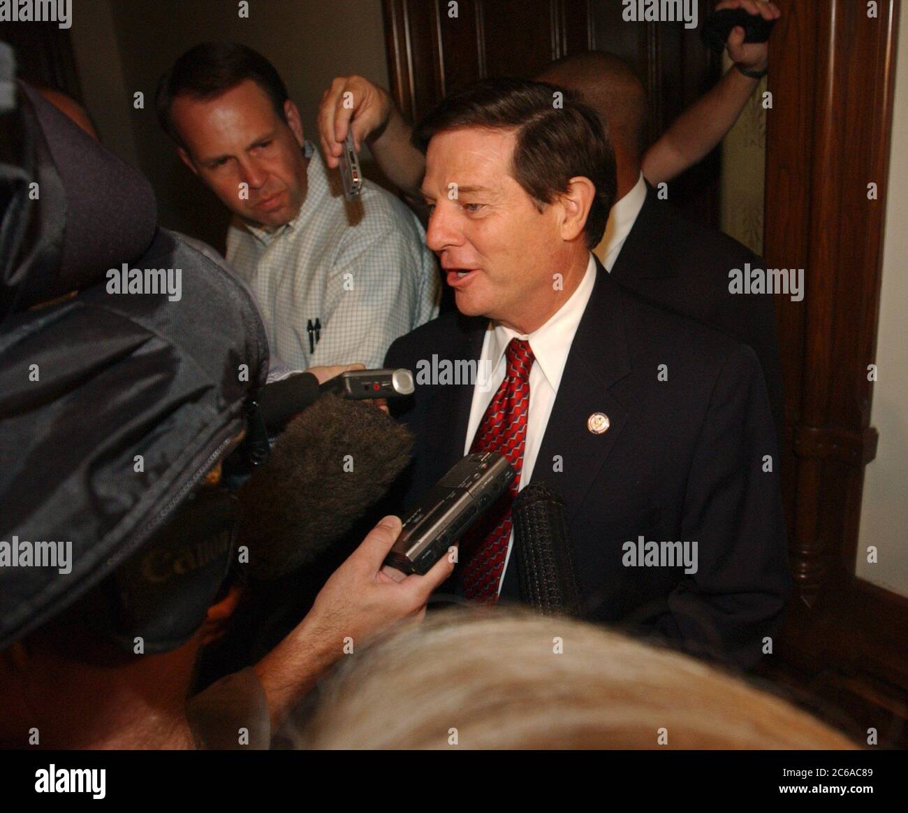 Austin, Texas  USA, October 7, 2003:  U.S. House Majority Leader Tom Delay (R-Sugar Land) talks to the press at the Texas Capitol Tuesday while trying to broker a controversial deal on redistricting between the Texas House of Representatives and the Senate.©Bob Daemmrich Stock Photo