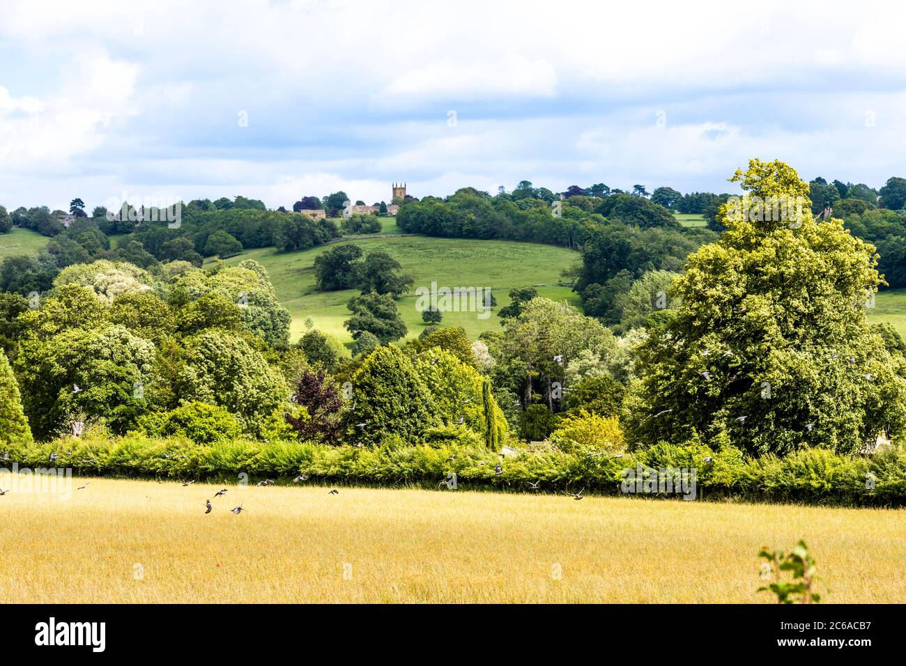 A long shot of the hilltop Cotswold town of Stow on the Wold, Gloucestershire UK Stock Photo