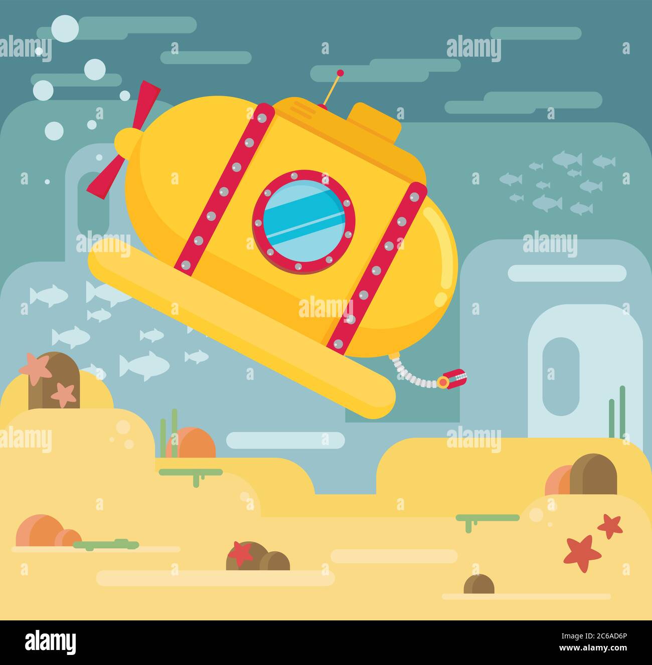 Submarine under water concept vector flat illustration Stock Vector