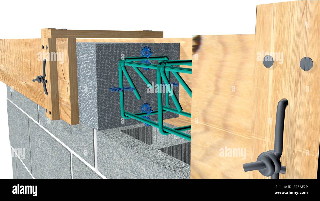 Detail of the elements of a concrete beam inside the wooden formwork on a wall of blocks. 3D Illustration Stock Photo