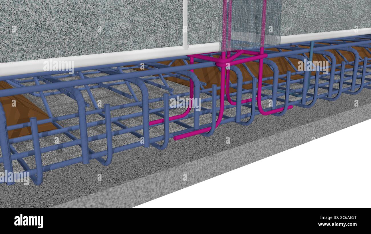 Detail of how a steel column joins the metal structure of the foundations of a house. 3D Illustration Stock Photo