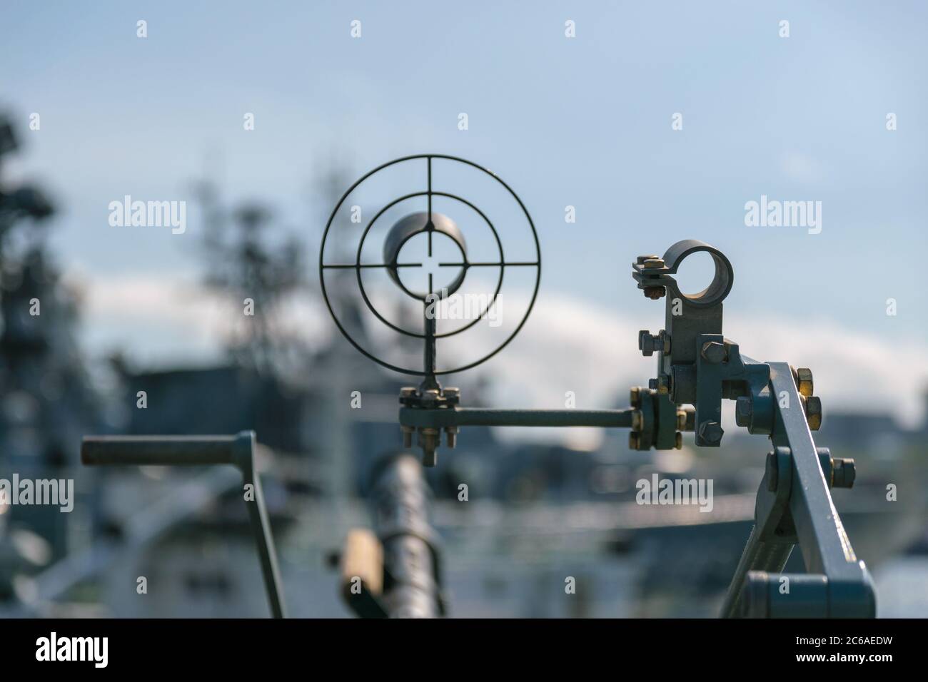 Machine gun on the naval ship. Selecitve focus. Stock Photo