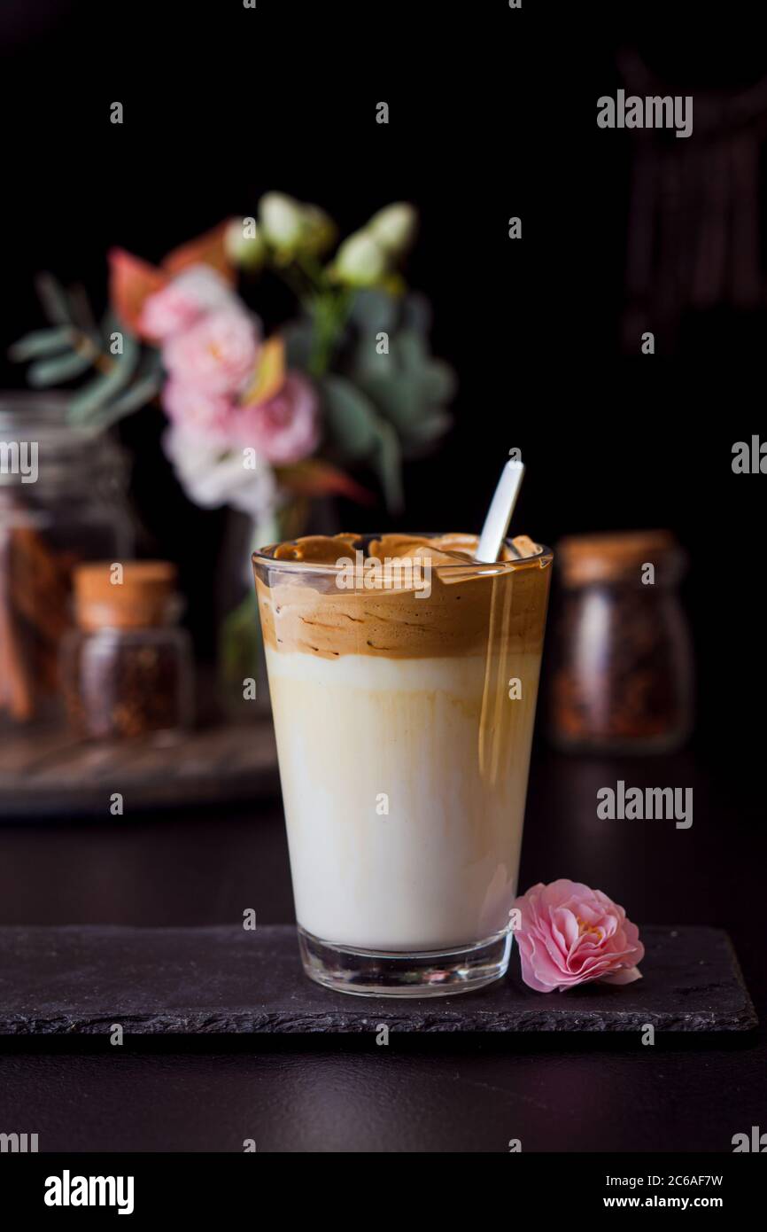 Fluffy instant coffee with cold milk in glass cup Stock Photo Alamy