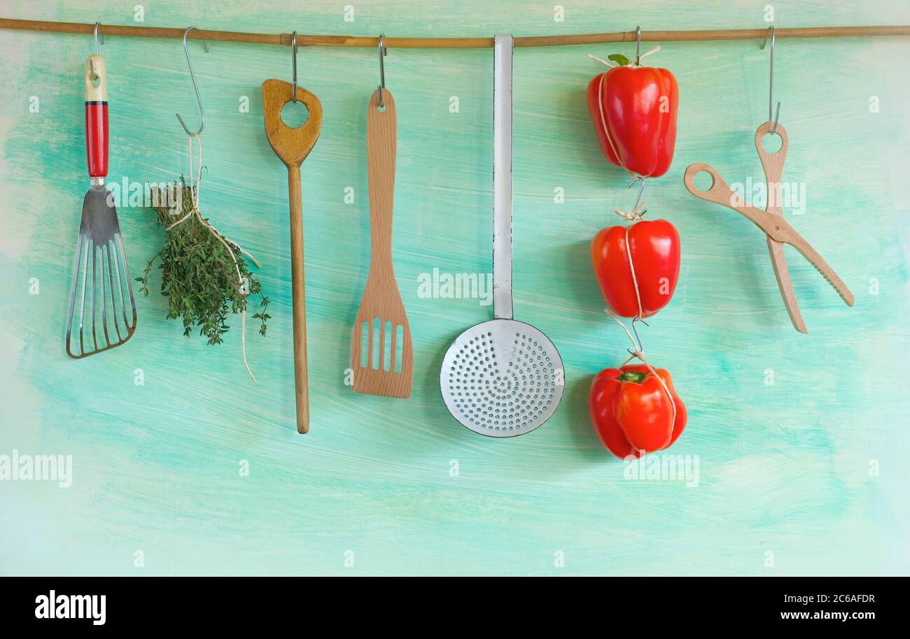 Professional Kitchen; Hanging Tools and Canisters of Seasonings - Stock  Photo - Masterfile - Premium Royalty-Free, Code: 659-07597959