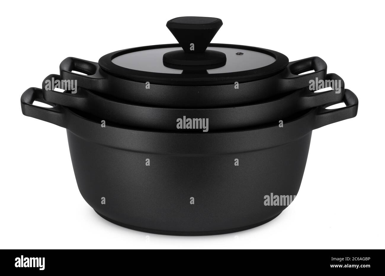 New set of black saucepans isolated on white Stock Photo Alamy