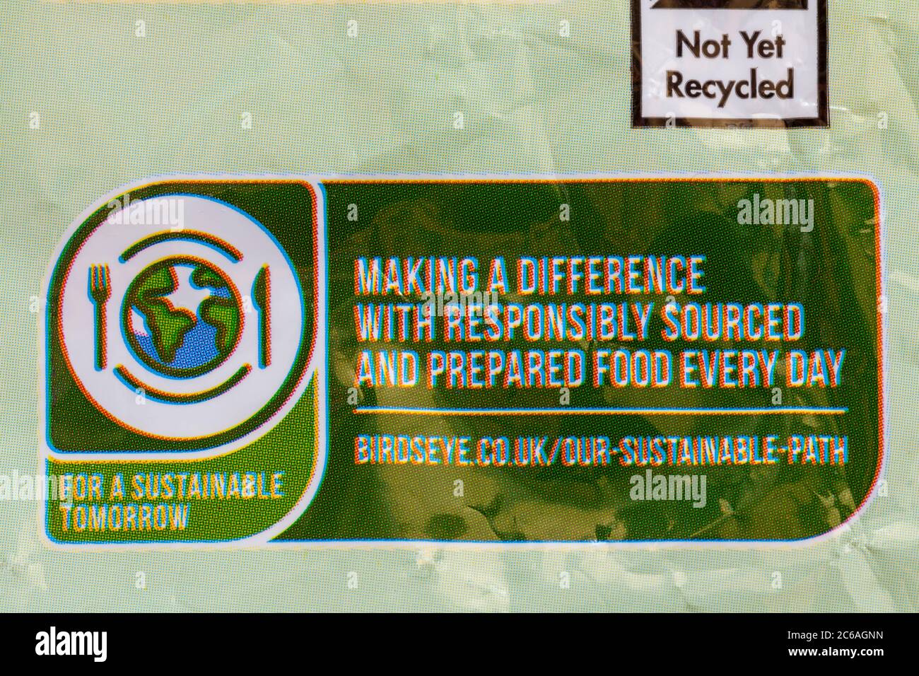 making a difference with responsibly sourced and prepared food every day for a sustainable tomorrow - detail on bag of Birds Eye frozen mixed veg Stock Photo