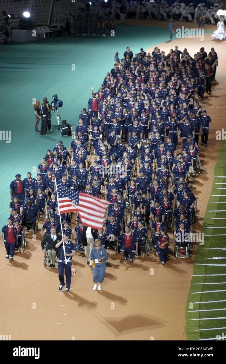 Athens, Greece  17SEP04: Opening Ceremony of the Athens 2004 Paralympic Games at Olympic Stadium. Team USA marches into Olympic Stadium.  ©Bob Daemmrich Stock Photo