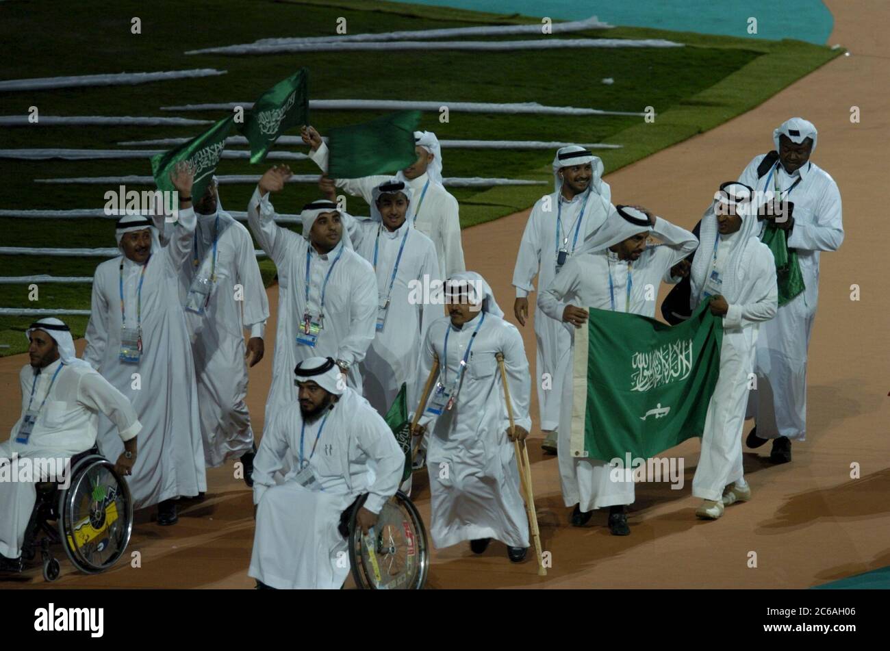 Athens, Greece  17SEP04: Opening Ceremony of the Athens 2004 Paralympic Games at Olympic Stadium.   Team from Saudi Arabia marches into the stadium.  ©Bob Daemmrich Stock Photo