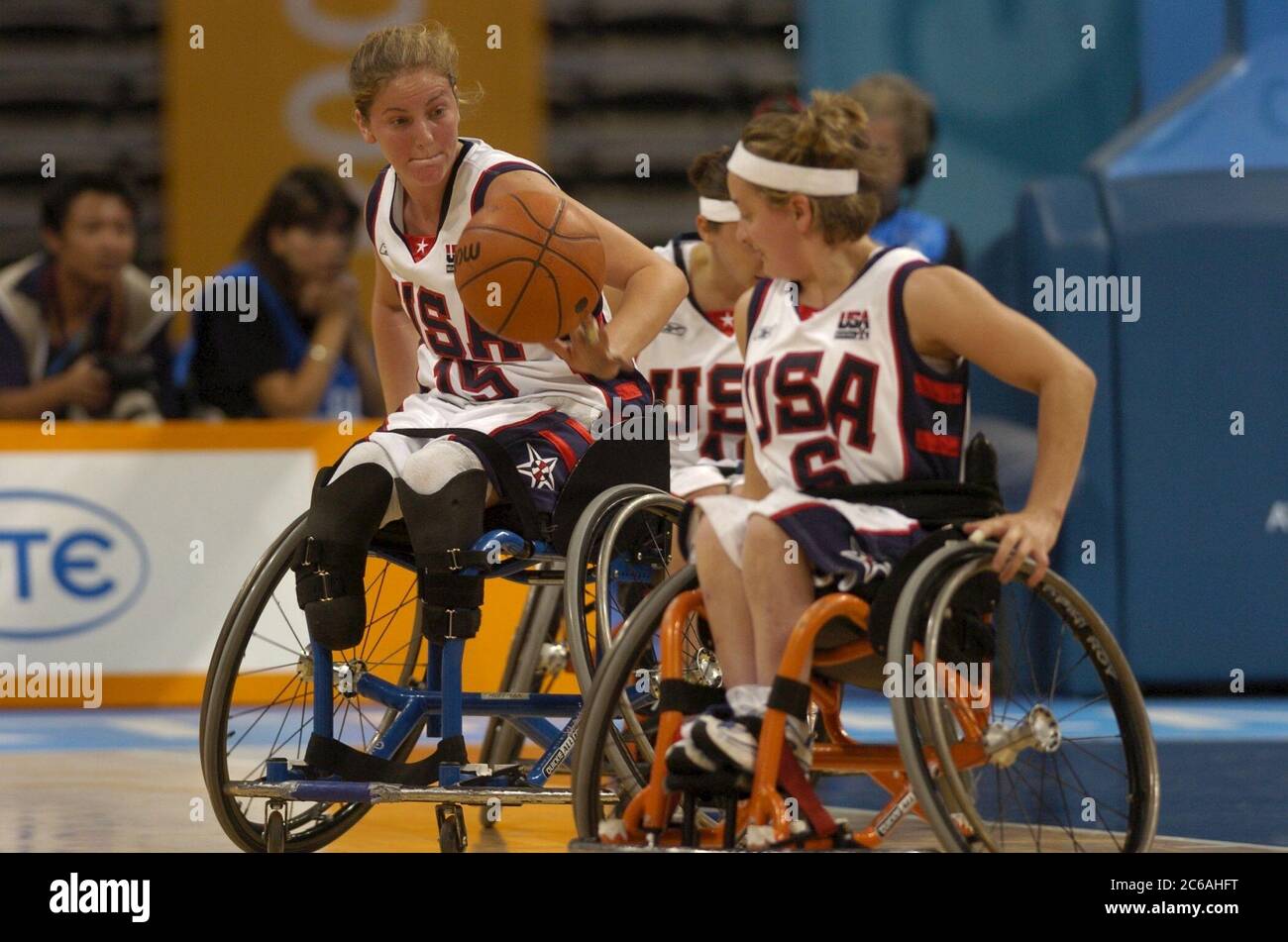 Athens, Greece September 23 2004: Members of the USA women's Paralympic basketball compete in a game against the national team from Japan. The USA won, 70-33 in a blowout at the Paralympics. Left to right, Carlee Hoffman (15) and Patricia Cisneros (5). ©Bob Daemmrich Stock Photo