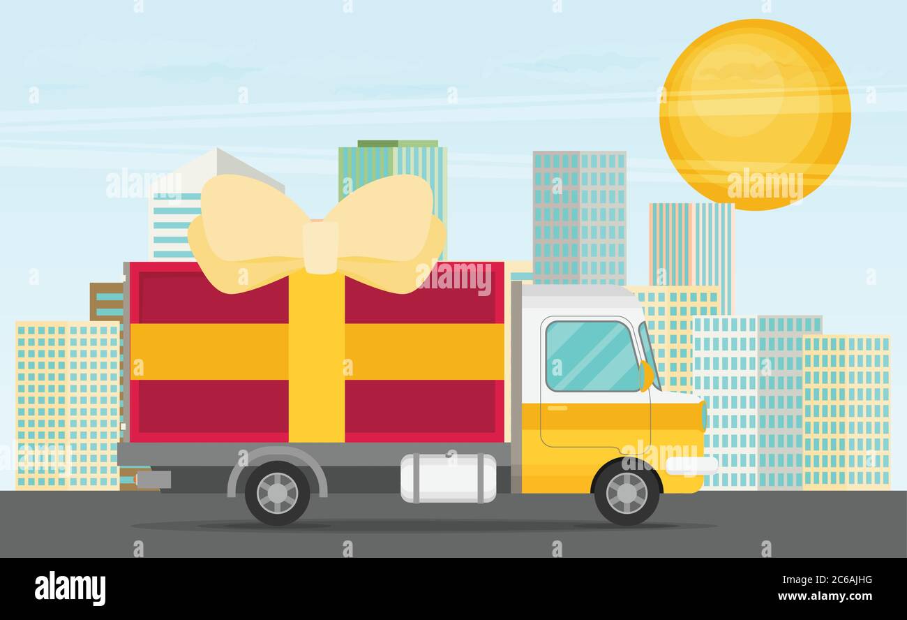 Vector free delivery concept in flat style - illustration for banner for website - transportation truck with a gift Stock Vector