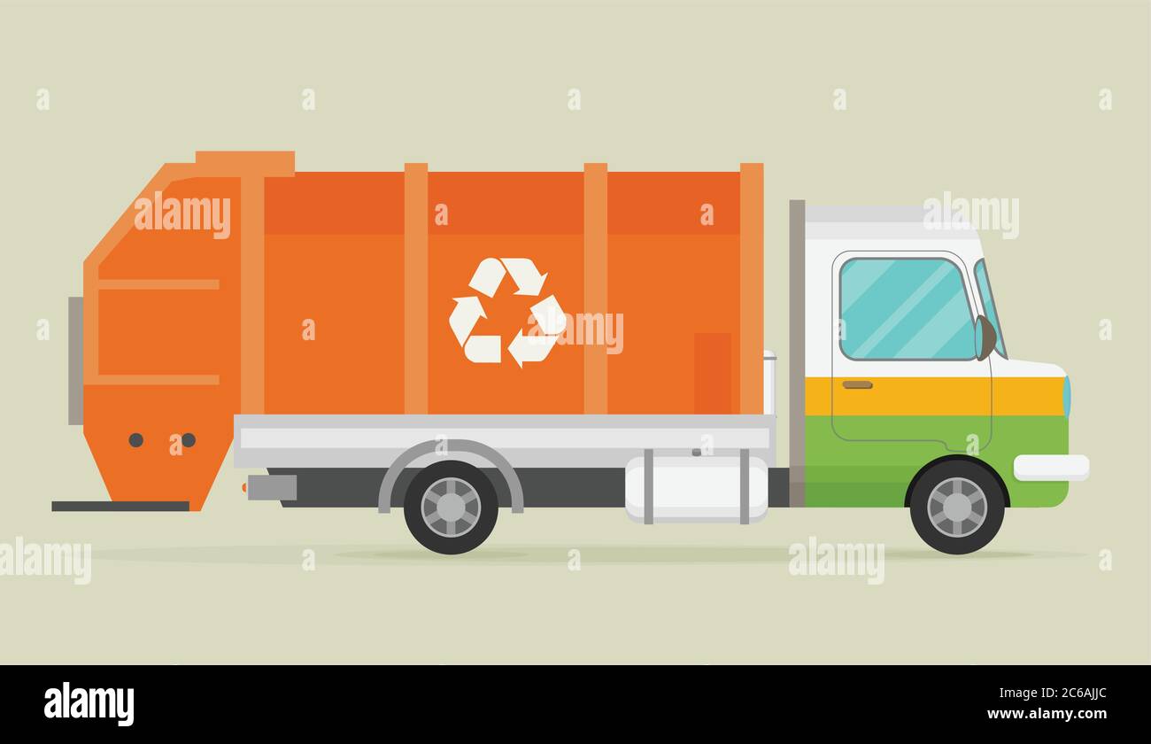Orange garbage truck transportation. Flat vector. Stock Vector