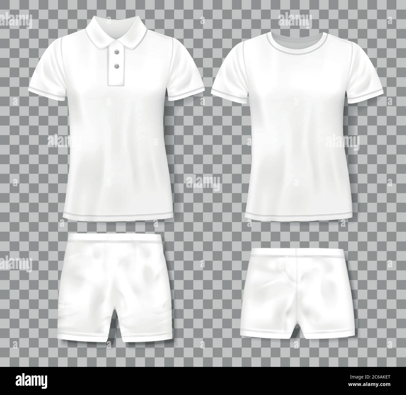 White realistic male polo shirt and sport shorts design template. Set of t-shirts, men classic polo mockup isolated. Vector illustration Stock Vector