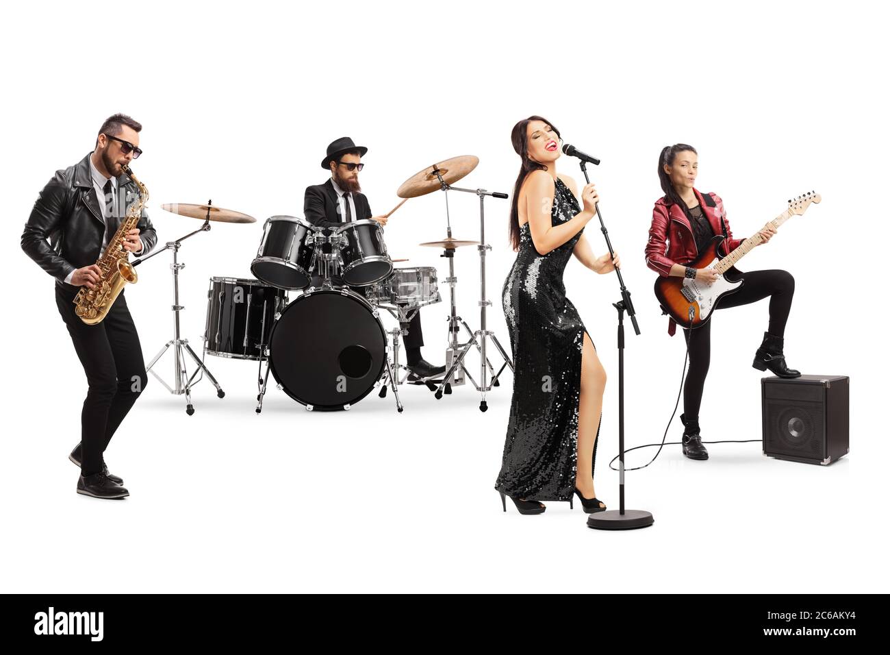 Music Band With A Female Singer Performing Isolated On White Background Stock Photo Alamy Music Band With A Female Singer Performing Isolated On White Background Stock Photo Alamy