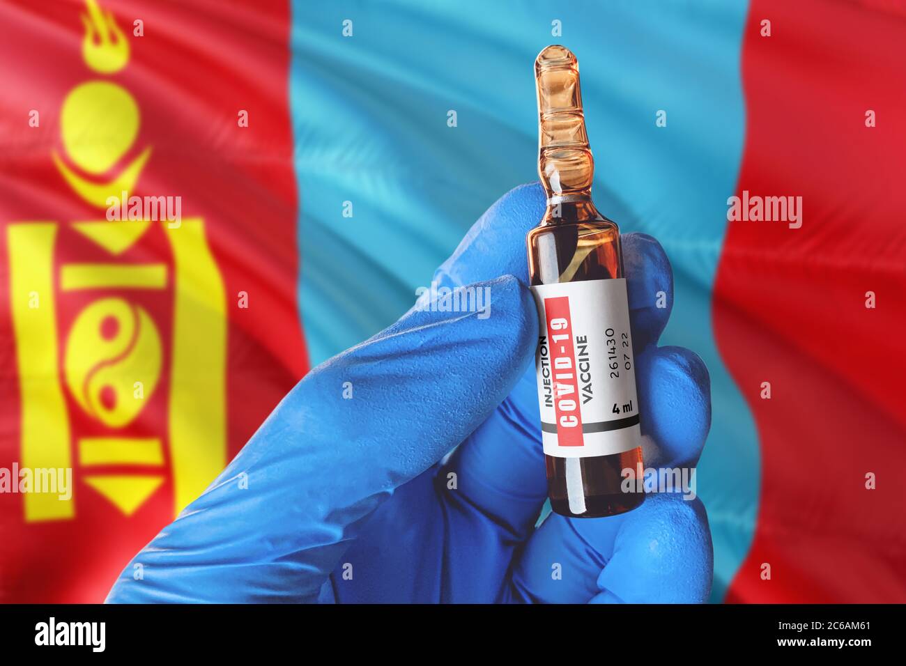 Mongolia flag with Coronavirus Covid-19 concept. Doctor with blue  protection medical gloves holds a vaccine bottle. coronavirus covid 19  vaccine resea Stock Photo - Alamy