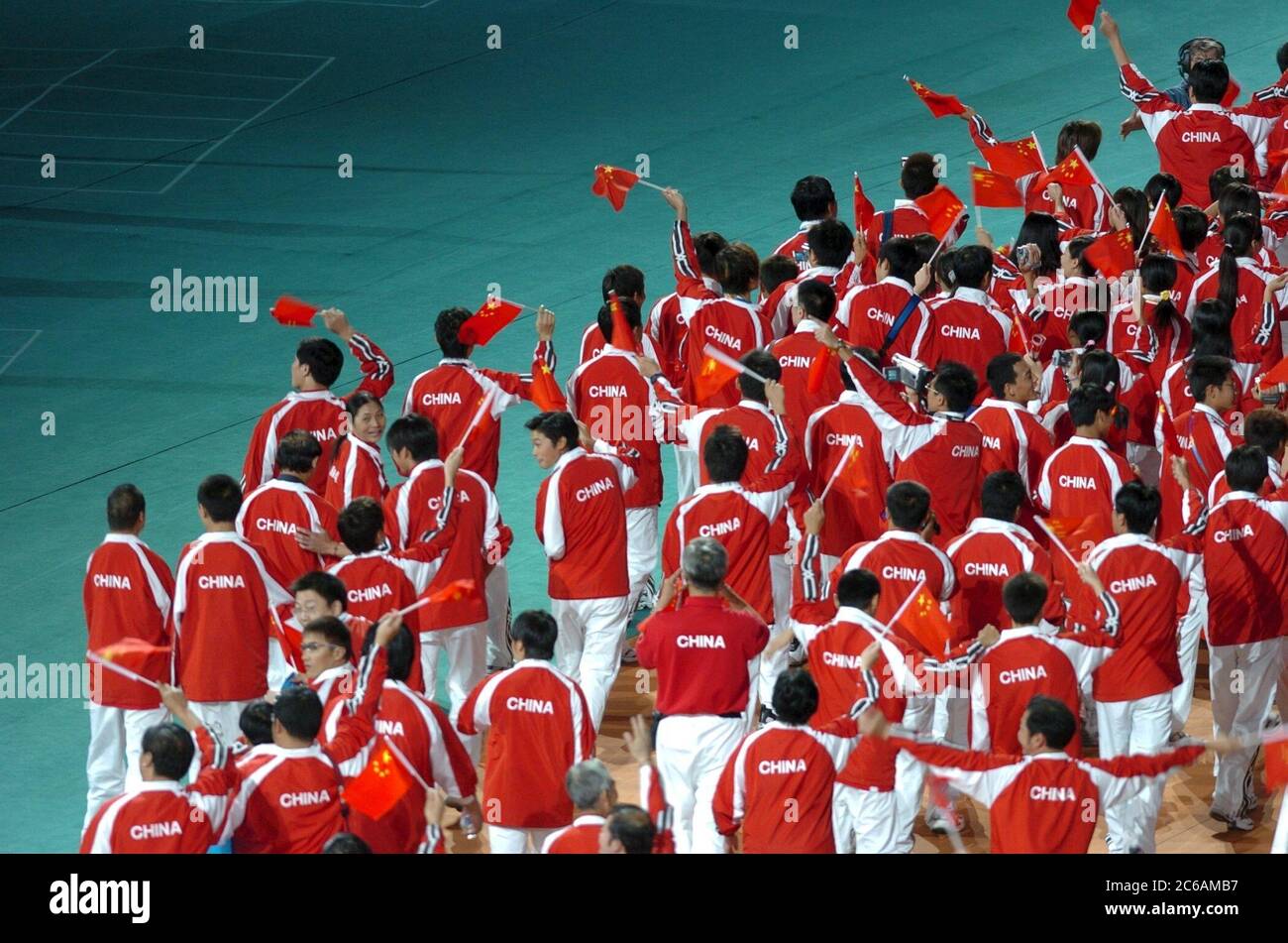 Athens, Greece  17SEP04: Opening Ceremony of the Athens 2004 Paralympic Games at Olympic Stadium.   China team, host of the 2008 Games, marches into the  ©Bob Daemmrich stadium. Stock Photo
