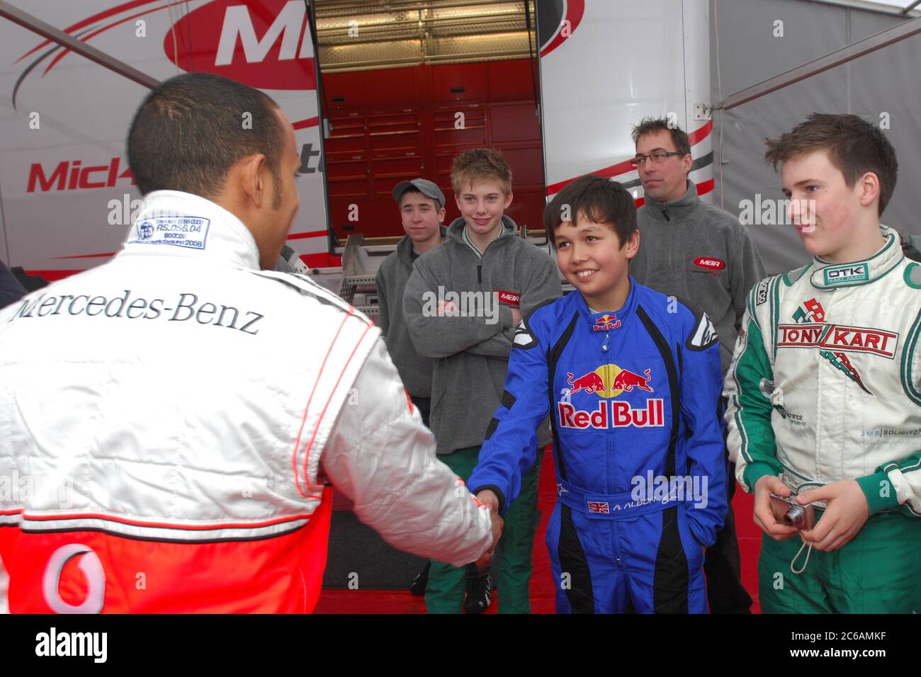 Early career meeting between Lewis Hamilton and a young Alexander Albon. Stock Photo