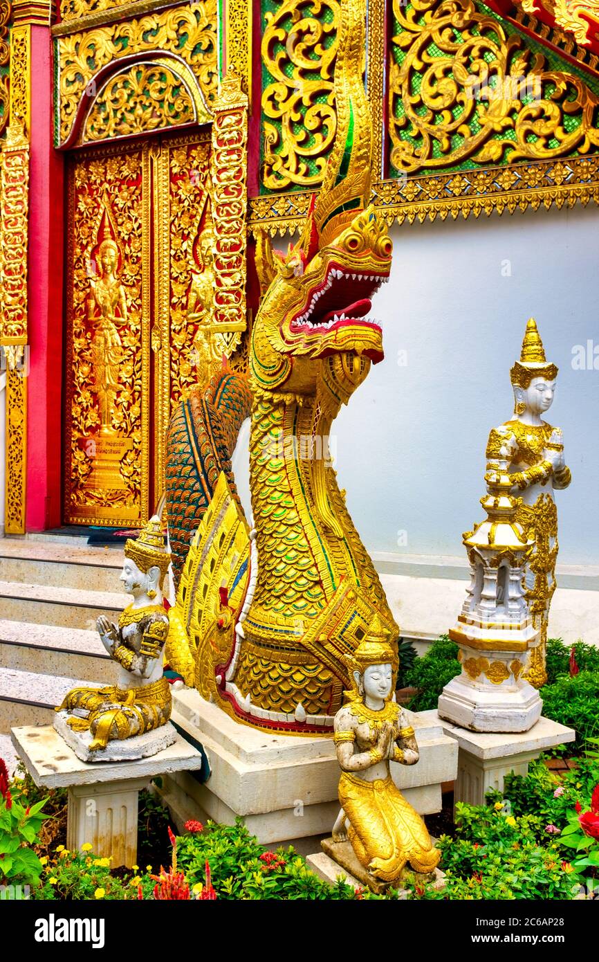 Sculptures in front of Wat Fon Soi, Chiang Mai, Thailand Stock Photo